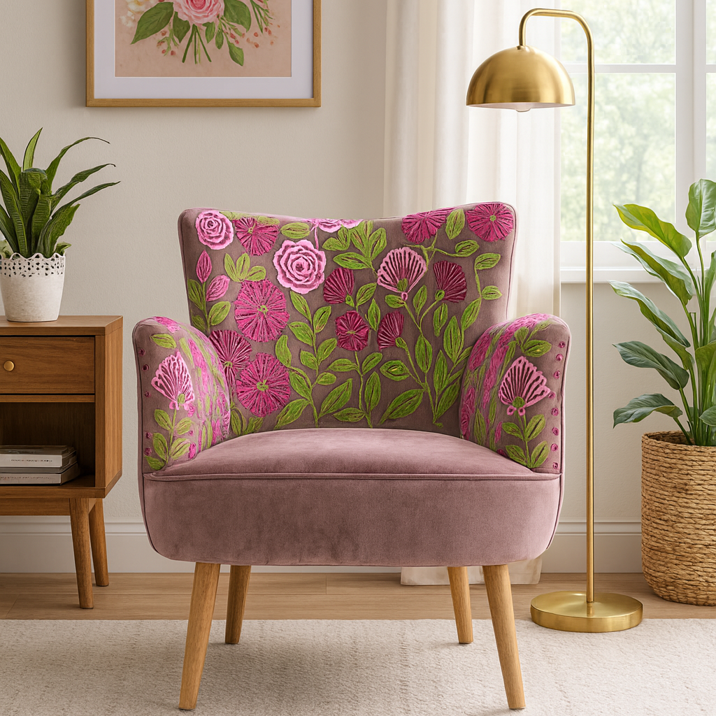 Arbour Embroidered Velvet Chair, Heather