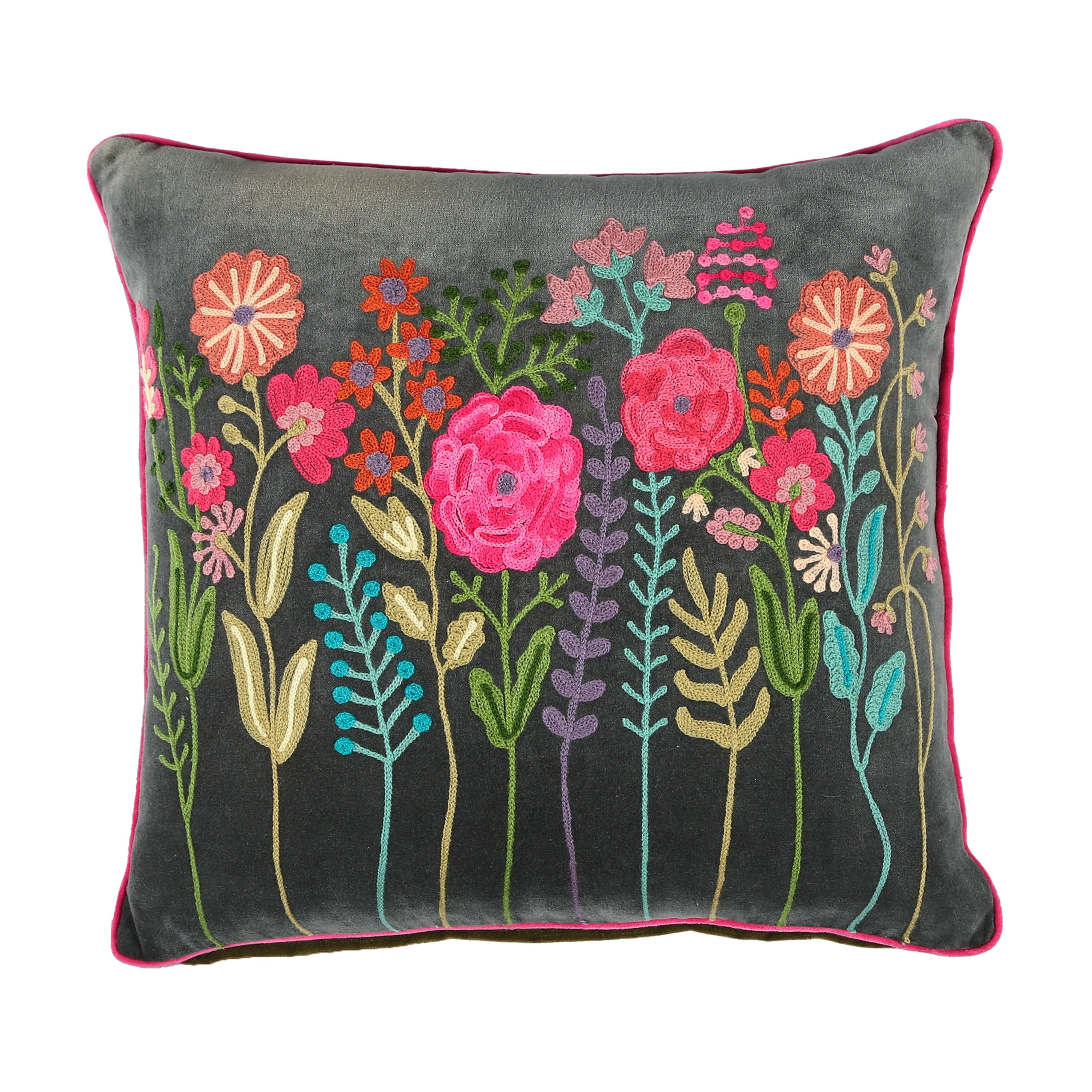 Bloom Velvet Dark Dove Grey Embroidered Cushion - WowCornwall