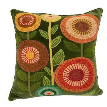 Floral Garden Embroidered Cushion - Moss