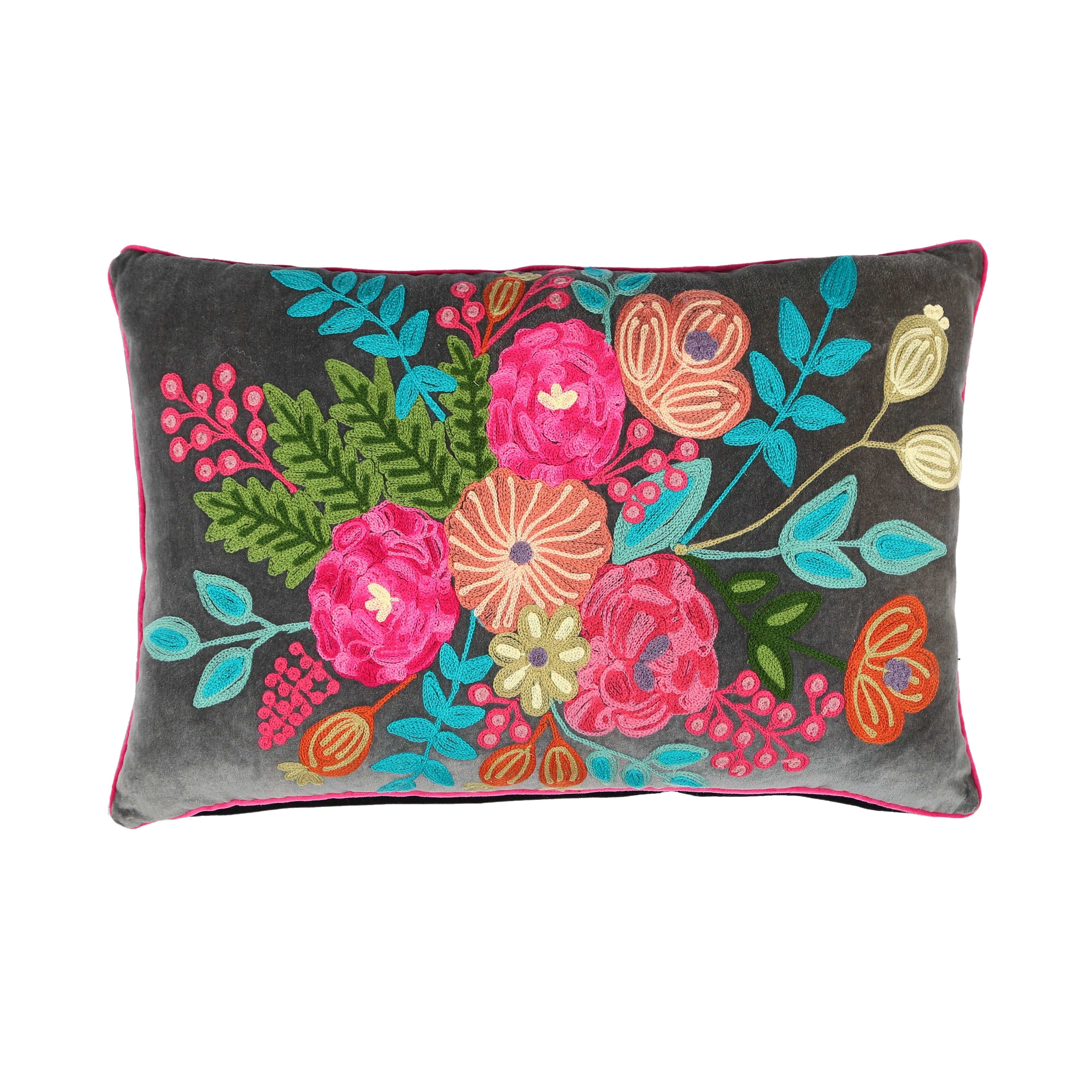 Bloom Velvet Dark Dove Grey Embroidered Cushion - WowCornwall